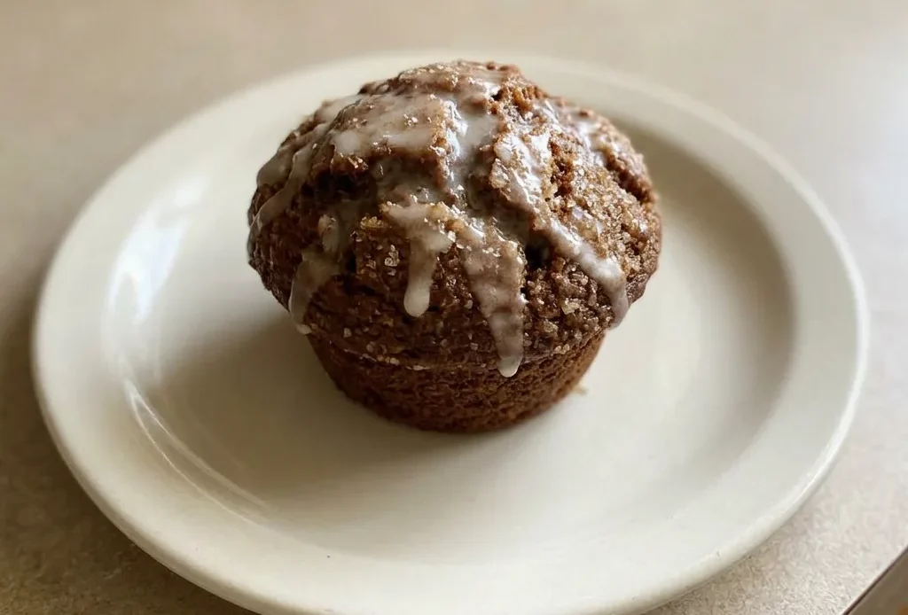 Overhead shot of a glazed gingerbread muffin on a white surface, visible spices and sour cream in batter.