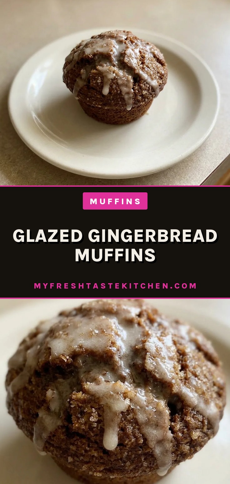 Overhead shot of a glazed gingerbread muffin on a white surface, visible spices and sour cream in batter.