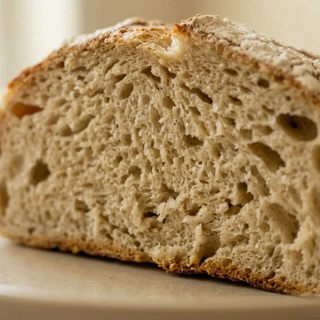 Zoomed in on the crispy, scored crust of a gluten-free artisan bread, with visible salt crystals and yeast granules on the surface.
