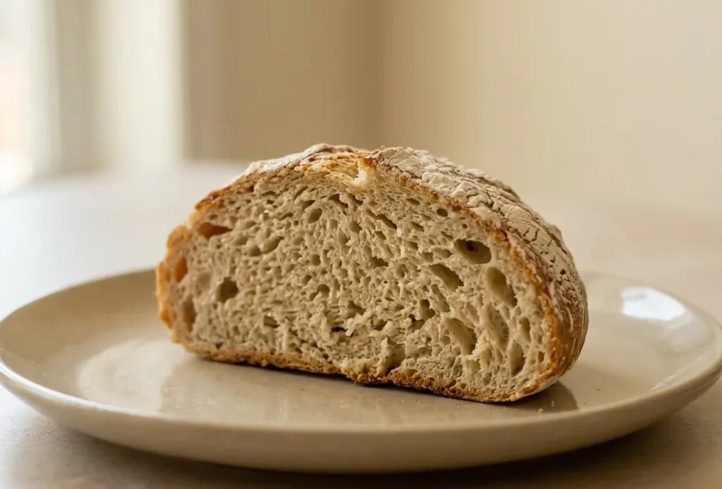 Bird's-eye view of a round artisan loaf with a golden-brown crust and a dusting of gluten-free flour blend, sliced open to reveal an airy crumb.