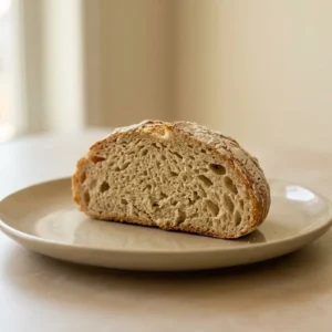 Bird's-eye view of a round artisan loaf with a golden-brown crust and a dusting of gluten-free flour blend, sliced open to reveal an airy crumb.