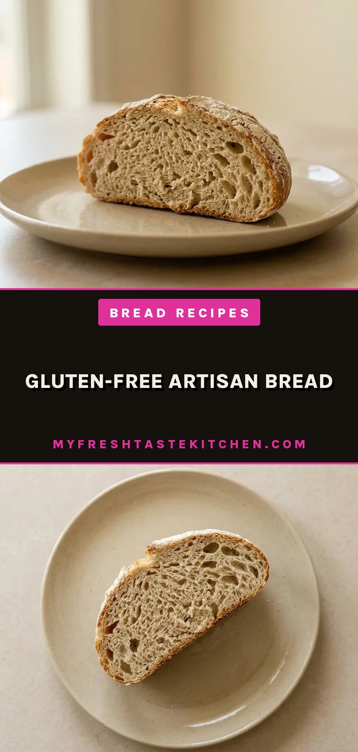 Bird's-eye view of a round artisan loaf with a golden-brown crust and a dusting of gluten-free flour blend, sliced open to reveal an airy crumb.