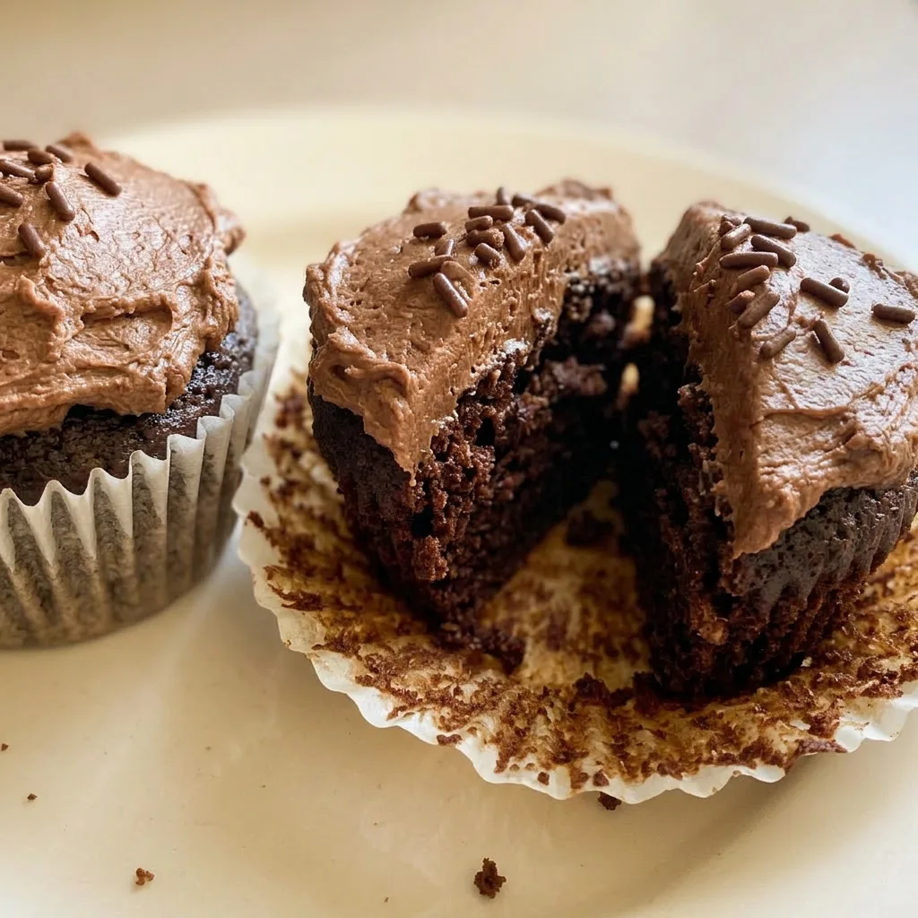 Zoomed in on a single chocolate cupcake with swirl frosting and a visible crumb texture.