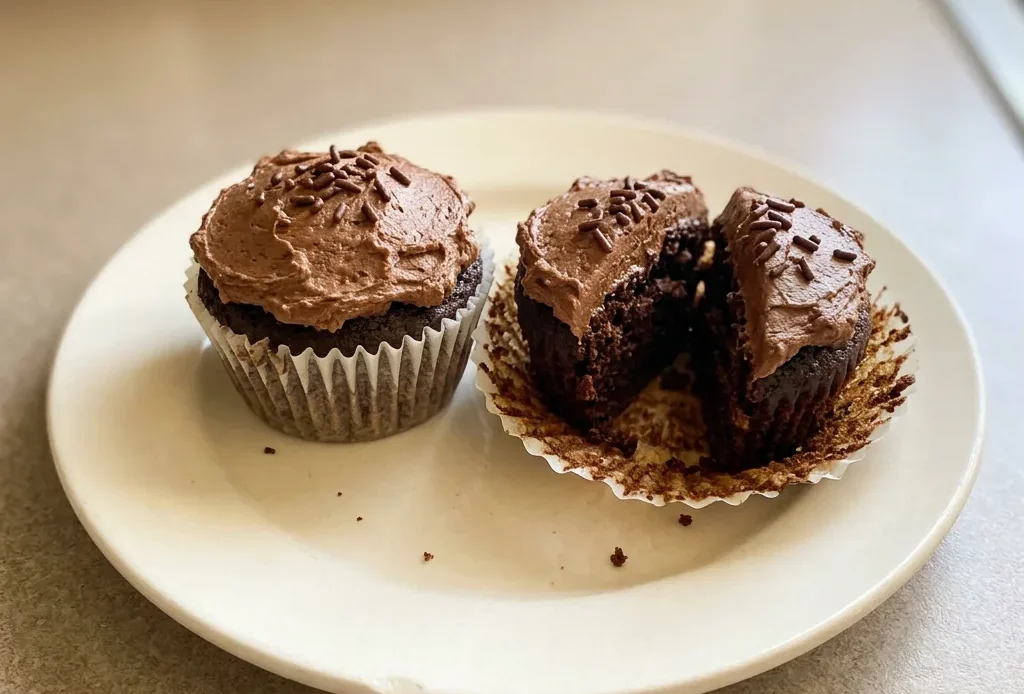 Bird's-eye view of three frosted chocolate cupcakes topped with chocolate sprinkles.