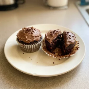 Bird's-eye view of three frosted chocolate cupcakes topped with chocolate sprinkles.