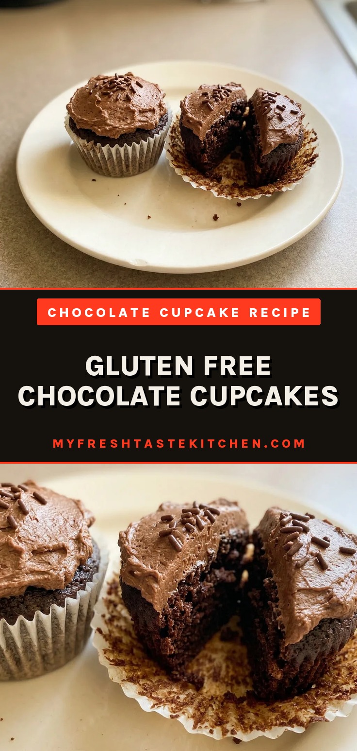 Bird's-eye view of three frosted chocolate cupcakes topped with chocolate sprinkles.