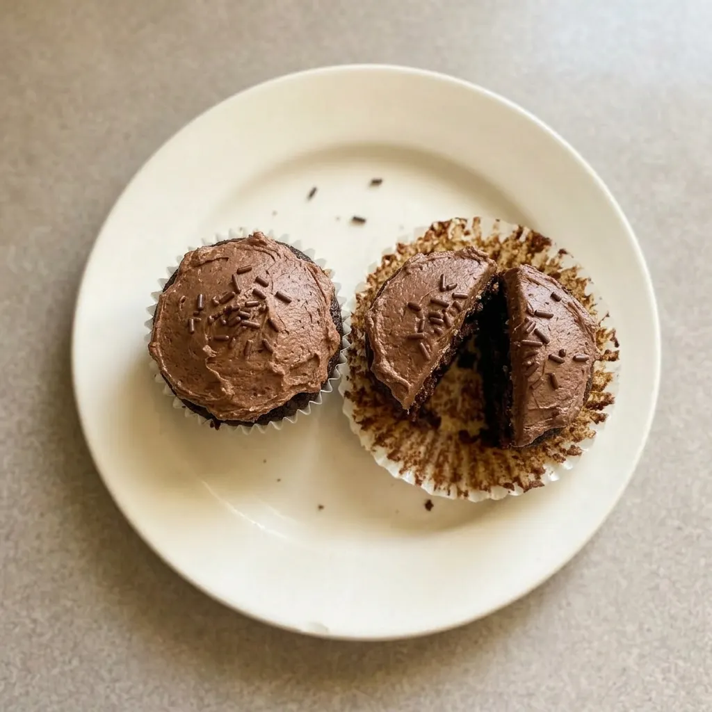Ready to serve: two chocolate cupcakes with buttercream frosting and cocoa dusting.