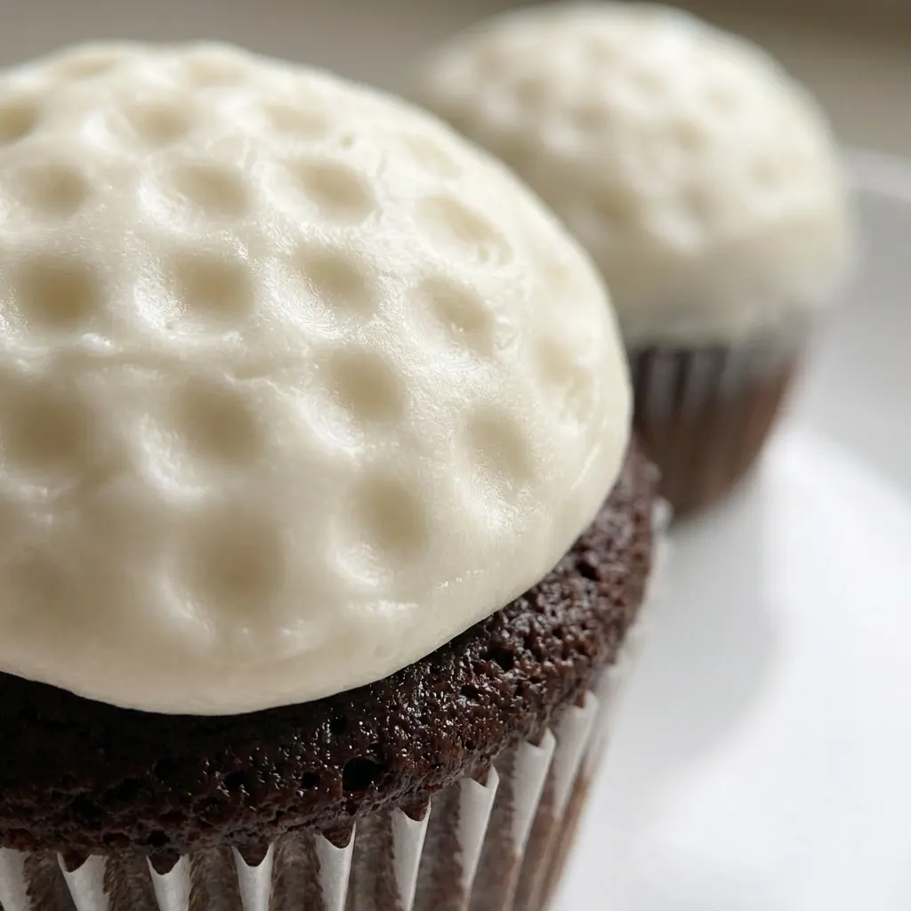Up close, a chocolate cupcake with a glossy buttercream swirl and a sprinkle of cocoa powder.