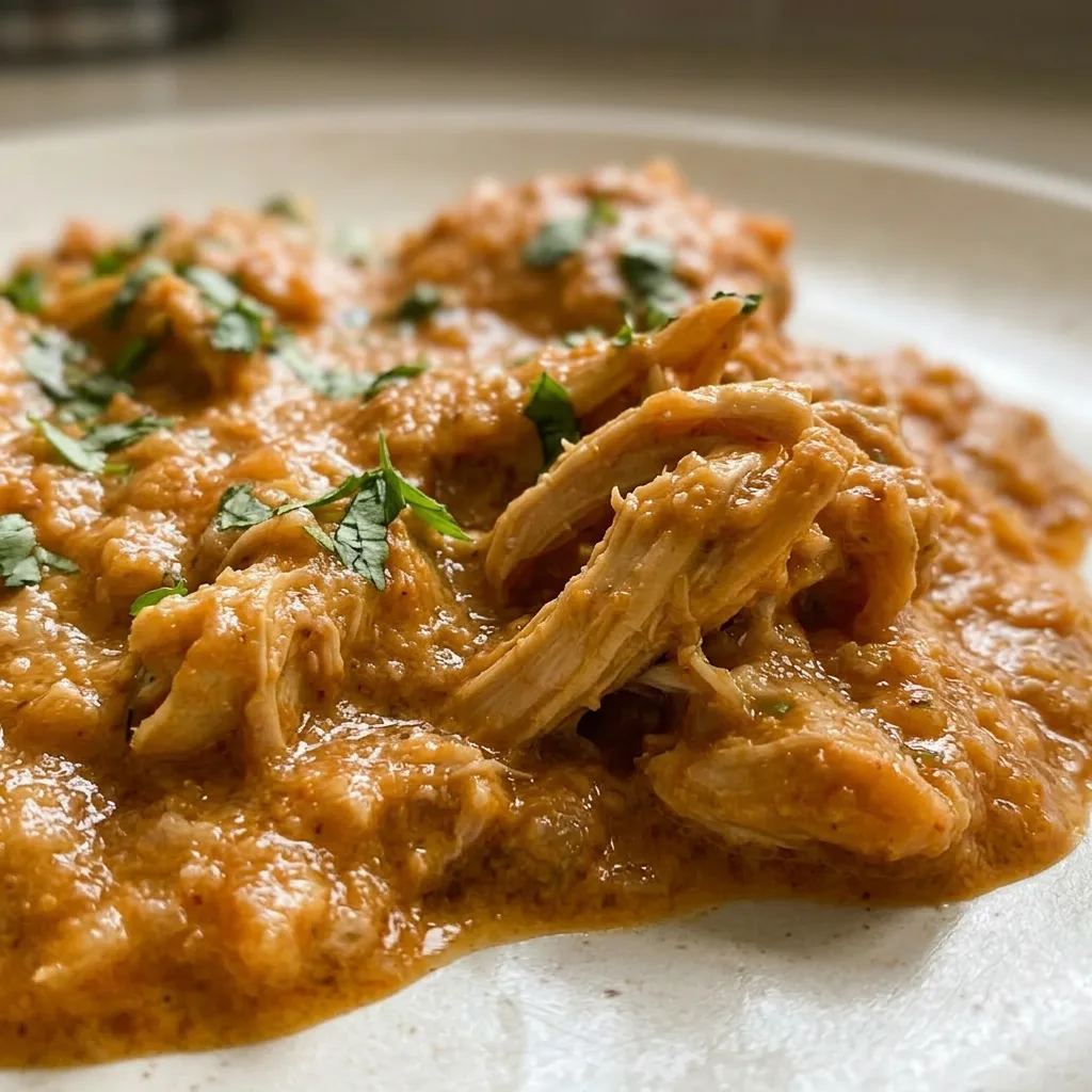 Close view of chicken pieces coated in thick tomato cream sauce with visible yogurt and spice particles.