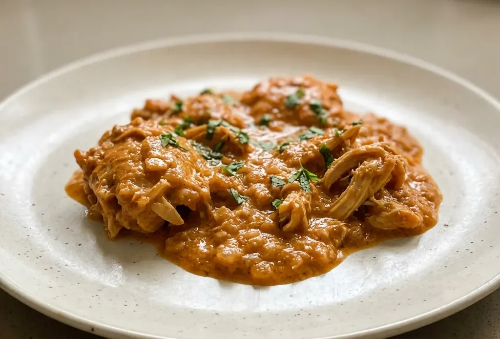 Overhead shot of chicken tikka masala with creamy tomato sauce, yogurt swirls, and spice specks.