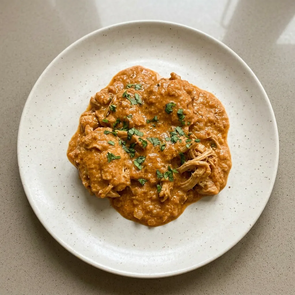 Plated chicken tikka masala topped with fresh cilantro and a swirl of yogurt.