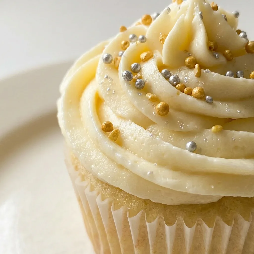 Macro detail of buttercream frosting with sprinkles on a vanilla cupcake.