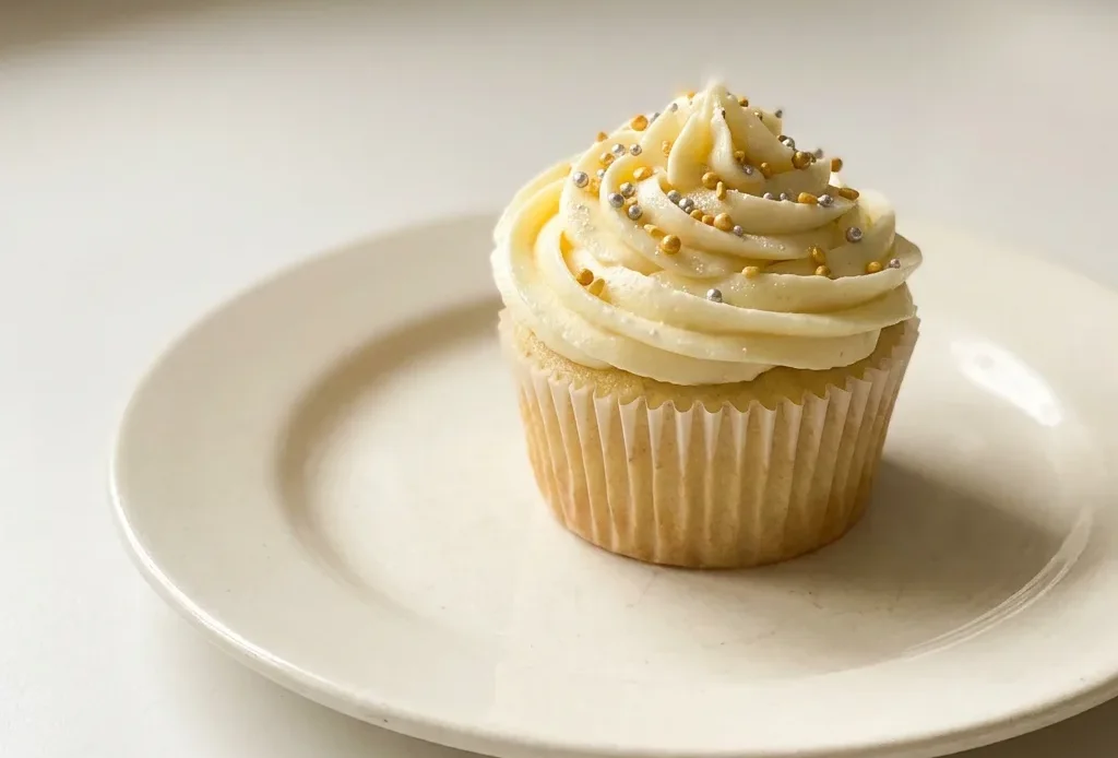 Top-down look at vanilla cupcakes with buttercream frosting and colorful sprinkles.