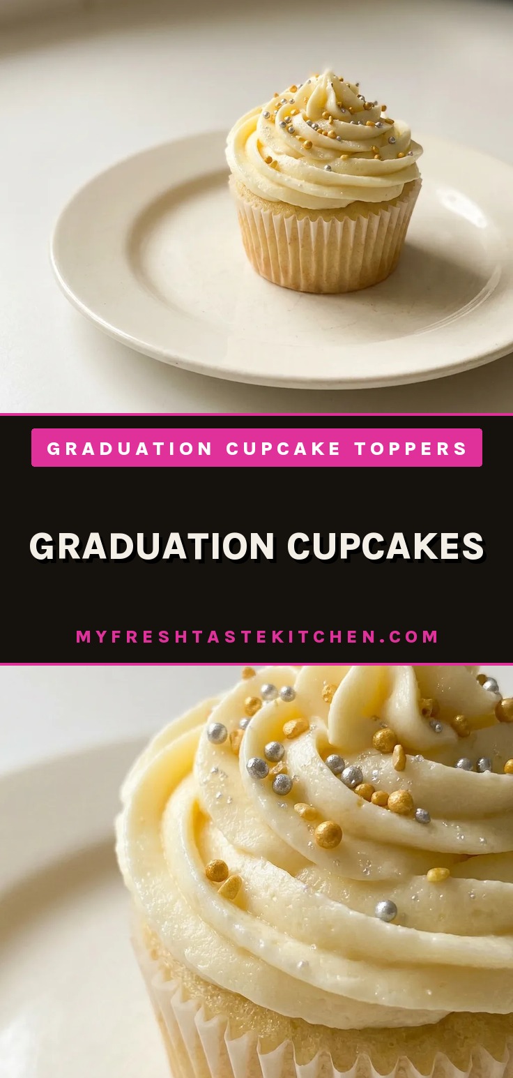 Top-down look at vanilla cupcakes with buttercream frosting and colorful sprinkles.