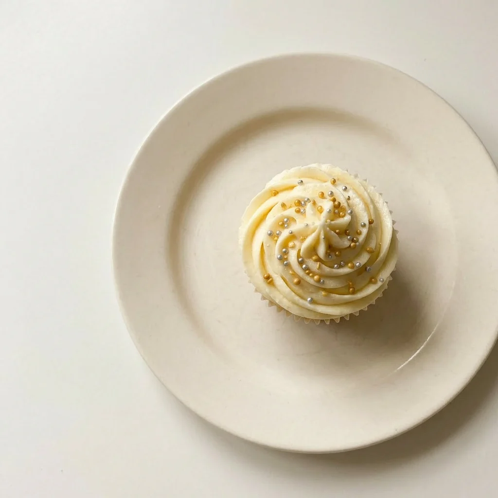 A serving of vanilla cupcakes topped with buttercream and sprinkles.