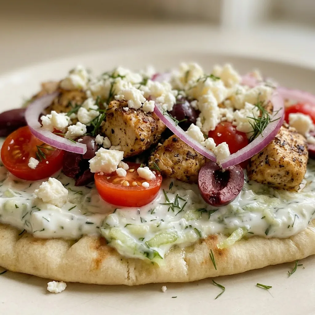 Zoomed in on a flatbread slice with grilled chicken, tzatziki sauce, feta cheese, cherry tomatoes, red onion, and kalamata olives.
