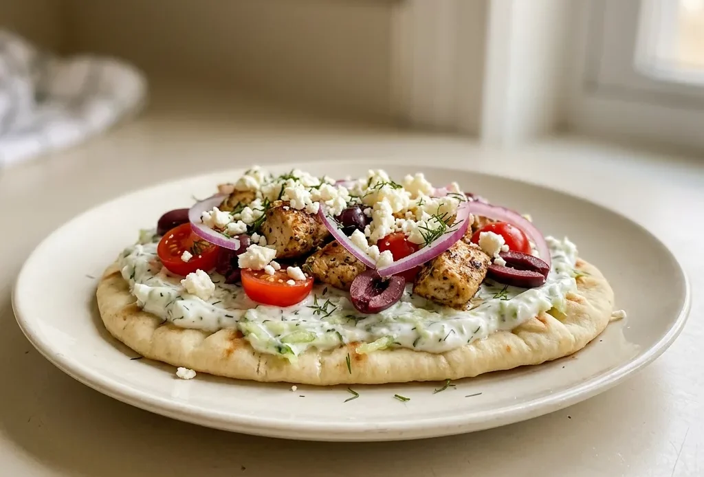 Bird's-eye view of Greek chicken flatbread topped with crumbled feta, halved cherry tomatoes, sliced red onion, and kalamata olives, with tzatziki drizzled across.