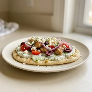 Bird's-eye view of Greek chicken flatbread topped with crumbled feta, halved cherry tomatoes, sliced red onion, and kalamata olives, with tzatziki drizzled across.
