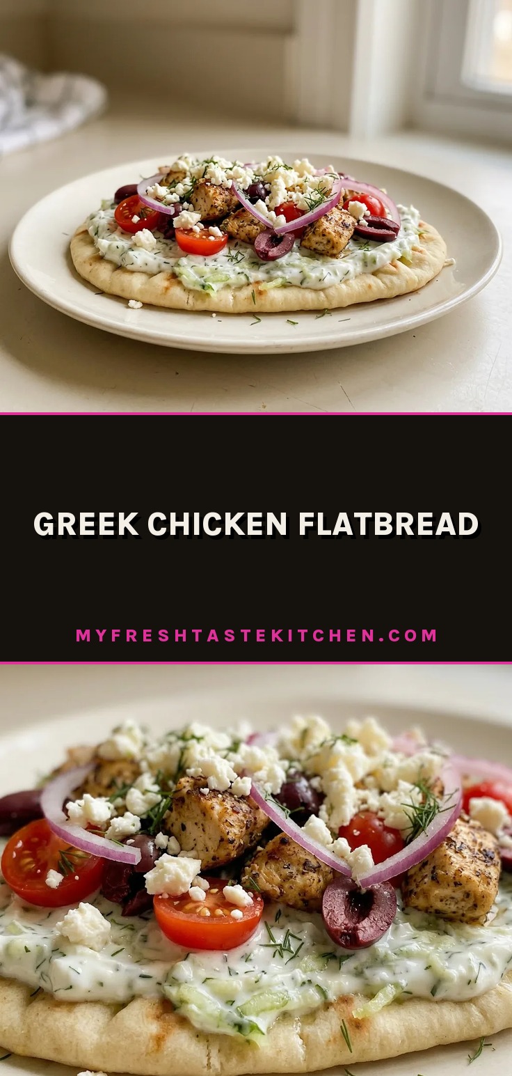 Bird's-eye view of Greek chicken flatbread topped with crumbled feta, halved cherry tomatoes, sliced red onion, and kalamata olives, with tzatziki drizzled across.
