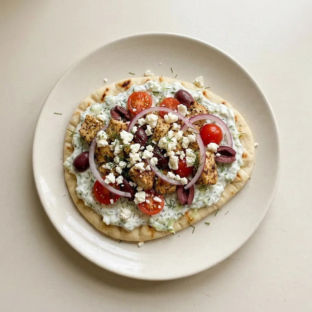 Ready to serve: Greek chicken flatbread with tzatziki, feta, cherry tomatoes, red onion, and kalamata olives.
