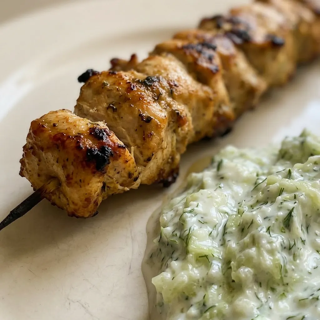 Close view of grilled chicken pieces with tzatziki sauce, visible cucumber, dill, and garlic, garnished with oregano.