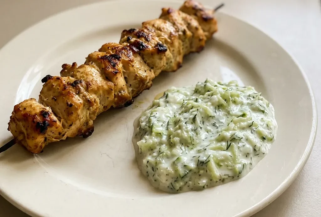 Overhead shot of chicken souvlaki skewers with tzatziki sauce, lemon wedges, and oregano on a white plate.