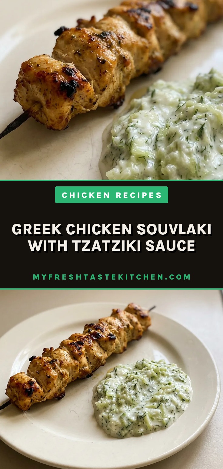 Overhead shot of chicken souvlaki skewers with tzatziki sauce, lemon wedges, and oregano on a white plate.