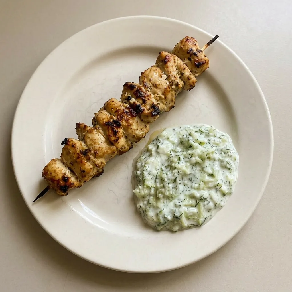 Plated chicken souvlaki skewers with tzatziki sauce, lemon slices, and a sprinkle of oregano and dill.