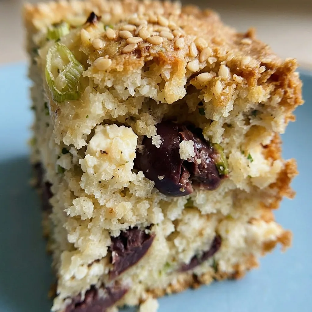 Close view of a bread slice showing green and black olives, white feta crumbles, red onion, scallion, parsley, and sesame seeds on the crust.