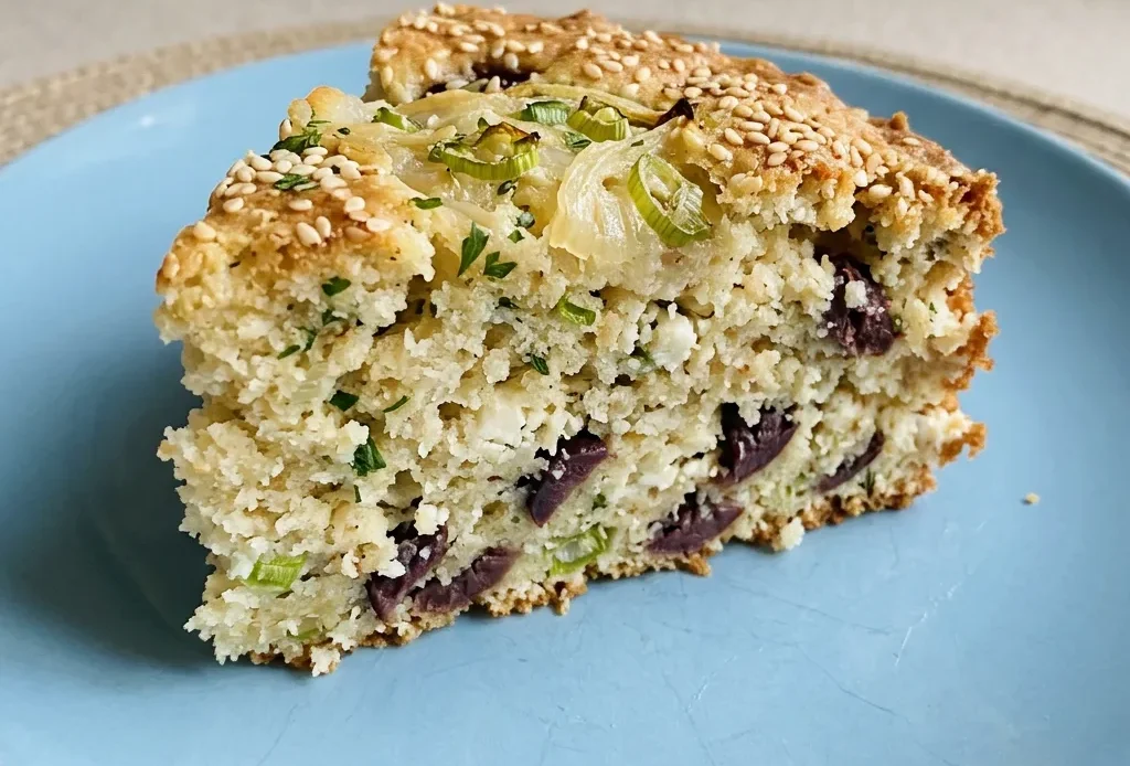 Overhead shot of a round loaf topped with olive halves, crumbled feta, red onion rings, scallion slices, parsley leaves, and sesame seeds.