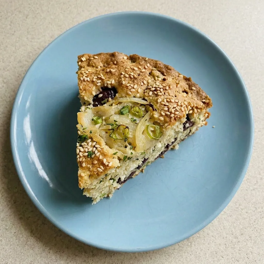 Plated bread wedge with visible olives, feta, onion, scallions, parsley, and sesame seeds on top.
