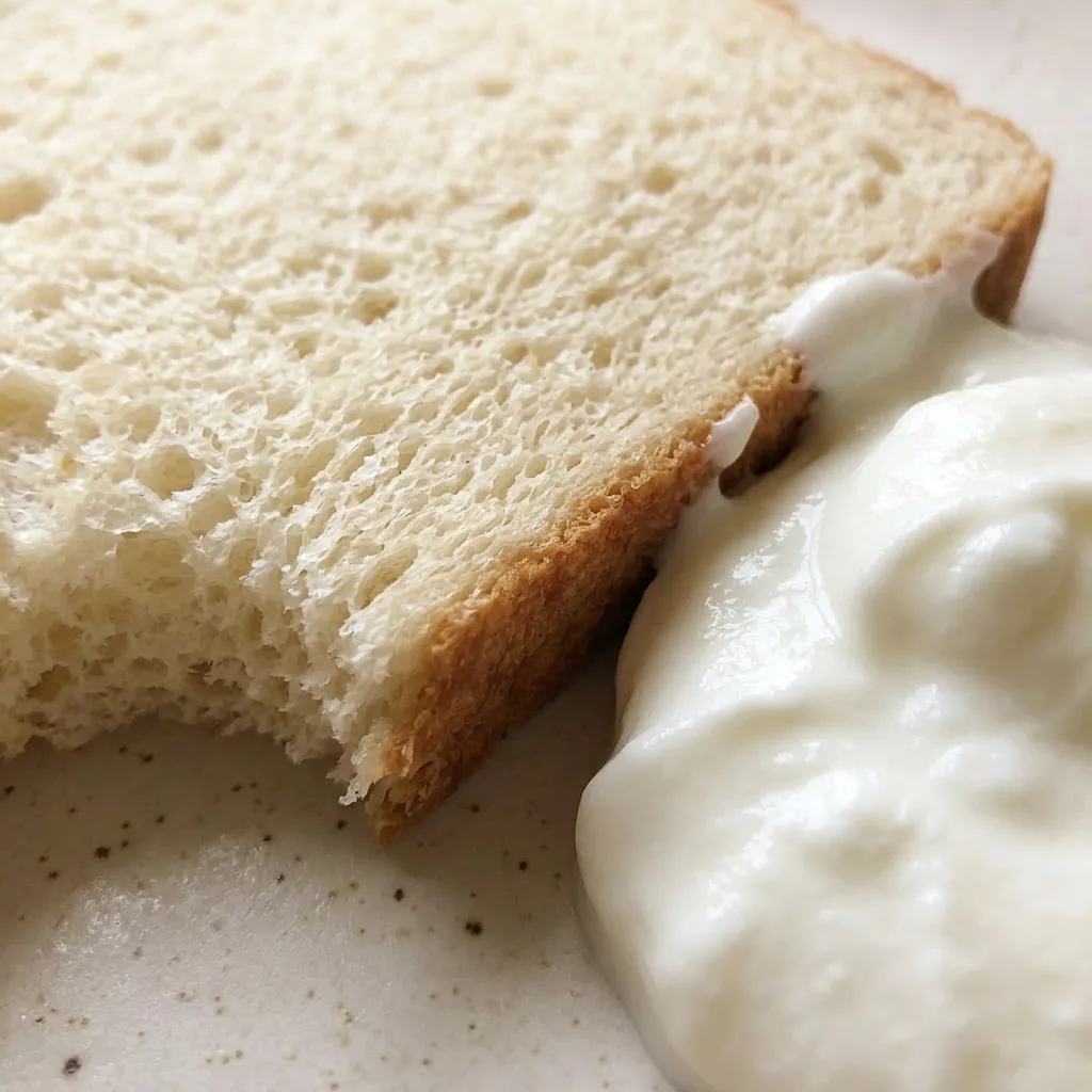 Macro detail of a slice of bread showing a dense, moist crumb with small air pockets and a crispy crust.