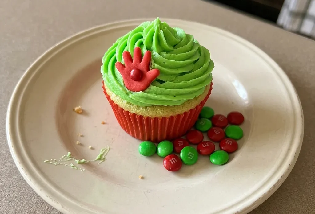 Overhead shot of three green cupcakes with white frosting, each topped with a red M&M.