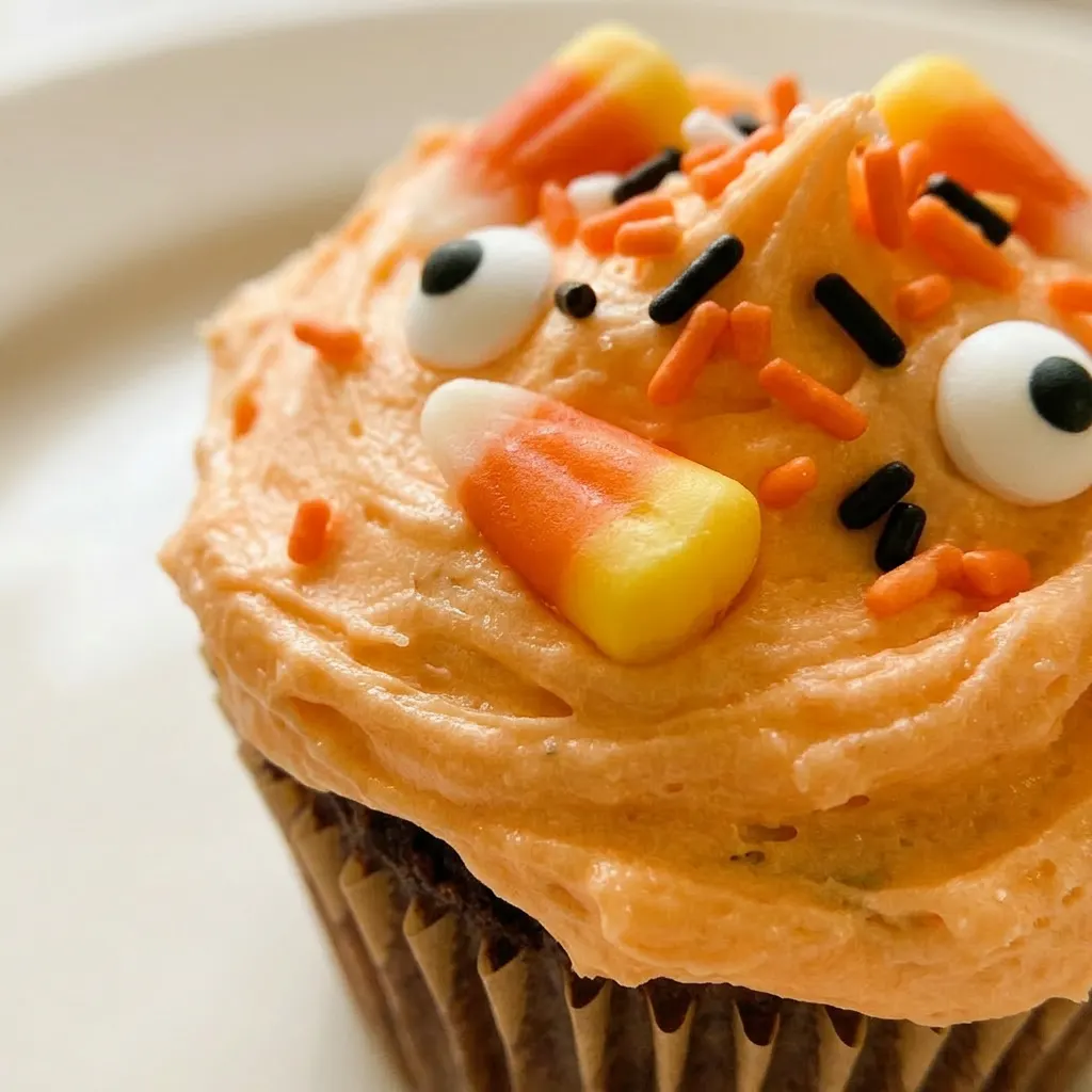 Zoomed in on a chocolate cupcake with chocolate buttercream, orange sparkling sugar, and candy eyes, next to a vanilla cupcake with candy corn.