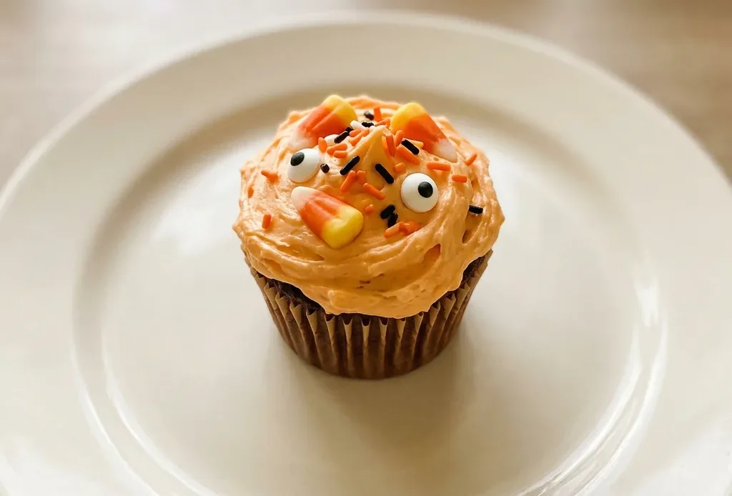 Bird's-eye view of a board with chocolate and vanilla cupcakes topped with matching buttercream, candy corn, chocolate chips, sprinkles, and candy eyes.