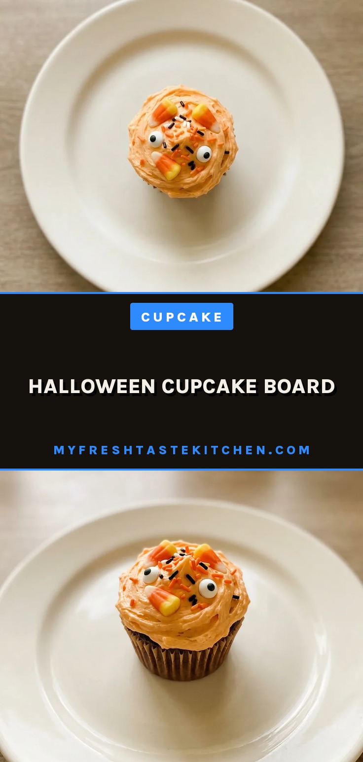 Bird's-eye view of a board with chocolate and vanilla cupcakes topped with matching buttercream, candy corn, chocolate chips, sprinkles, and candy eyes.