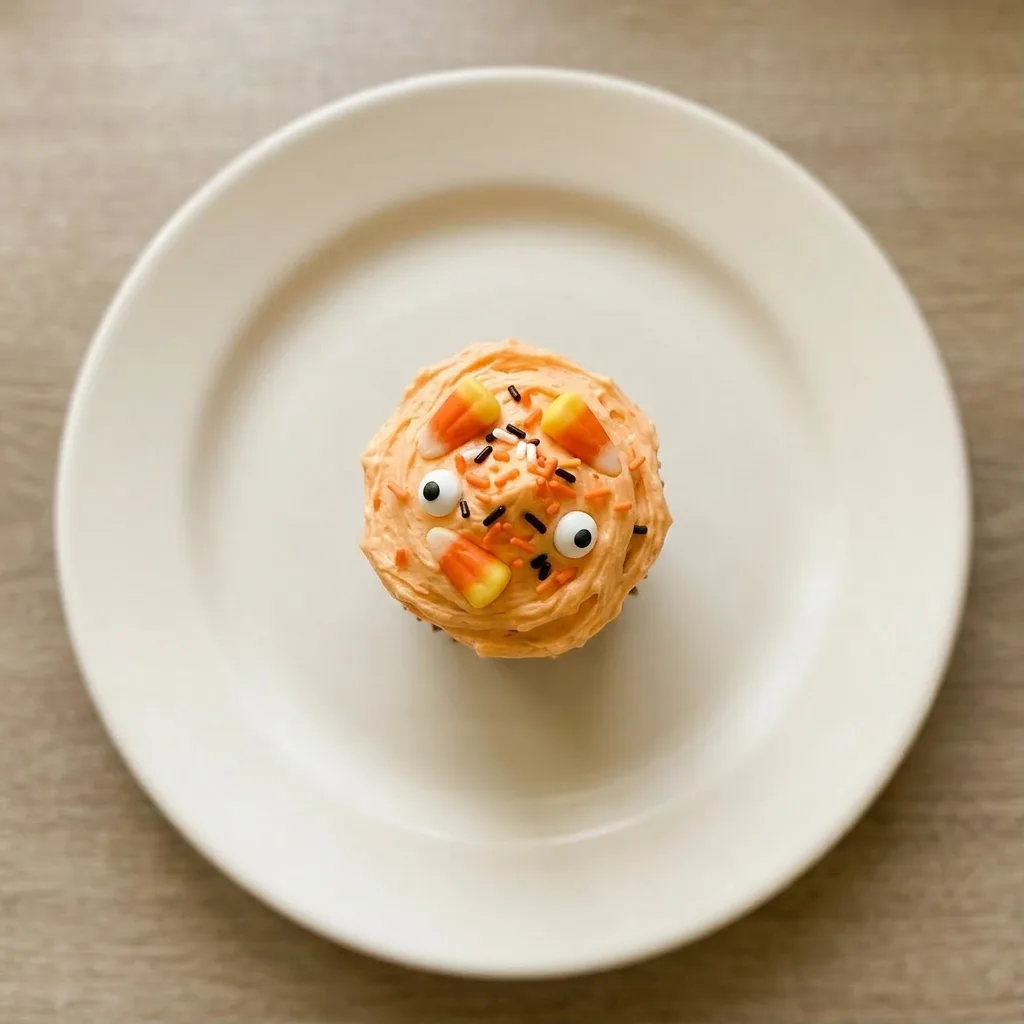 Ready to serve: an assortment of Halloween-themed cupcakes on a board, decorated with frosting, candy corn, chocolate chips, sprinkles, and candy eyes.