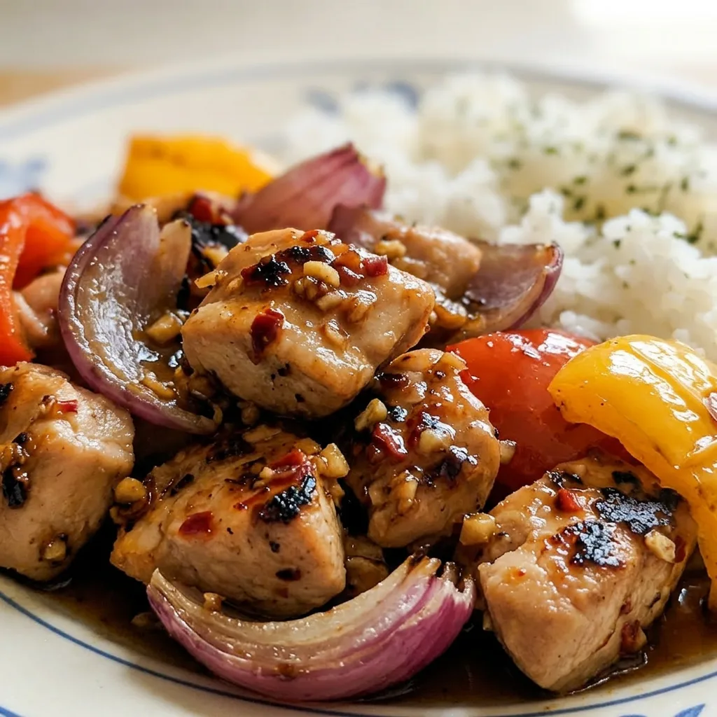 Macro detail of a chicken thigh with caramelized pineapple, bell pepper, and red onion, glossy with honey-soy glaze.