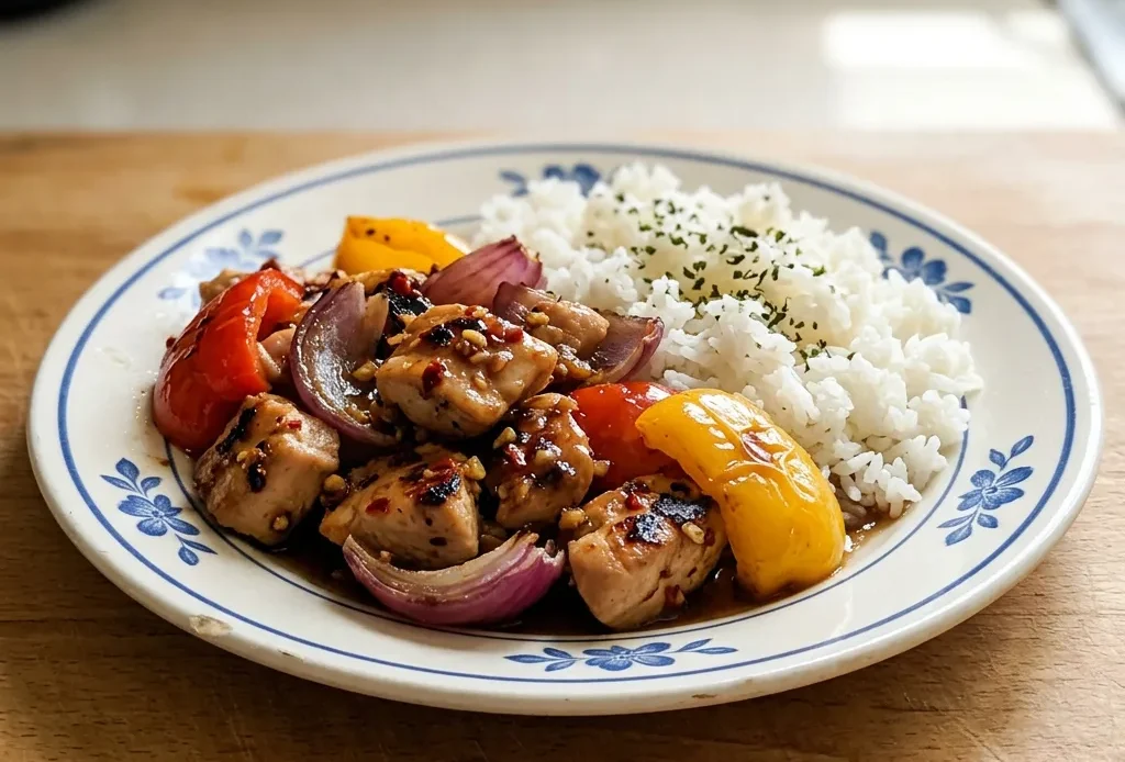 Top-down look at chicken pieces with pineapple chunks, bell pepper strips, and red onion slices arranged on a dark background, glazed with soy sauce and honey.
