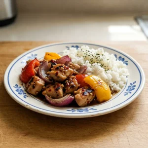 Top-down look at chicken pieces with pineapple chunks, bell pepper strips, and red onion slices arranged on a dark background, glazed with soy sauce and honey.