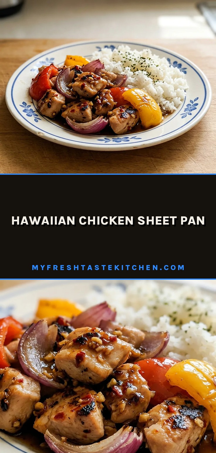 Top-down look at chicken pieces with pineapple chunks, bell pepper strips, and red onion slices arranged on a dark background, glazed with soy sauce and honey.