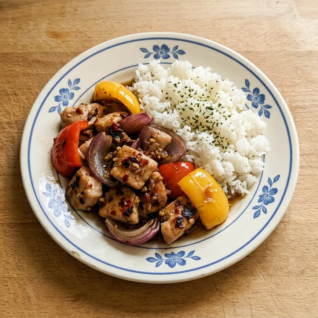 A serving of chicken with pineapple, bell pepper, and red onion, coated in a sticky honey-soy glaze.