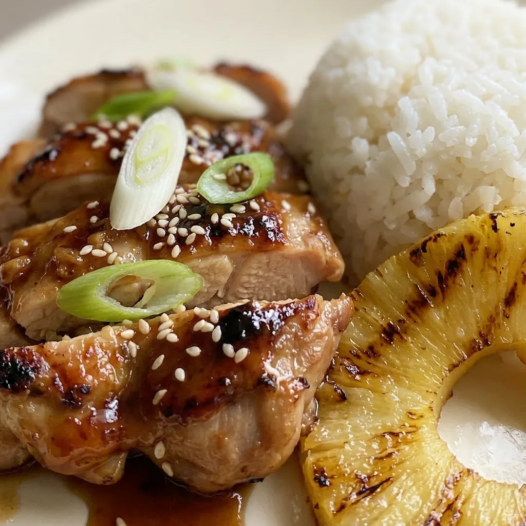 Macro detail of a chicken thigh with glossy teriyaki sauce, sesame seeds, and green onion rings.