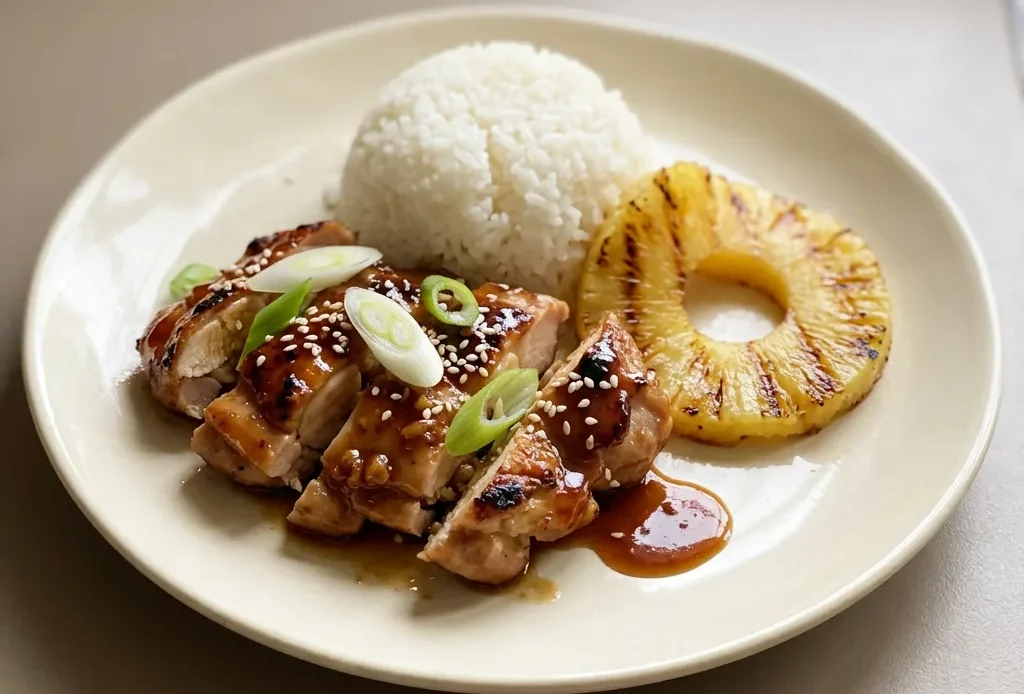 Top-down look at glazed chicken thighs on rice, garnished with sesame seeds and sliced green onions.