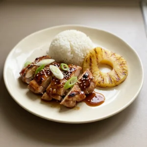 Top-down look at glazed chicken thighs on rice, garnished with sesame seeds and sliced green onions.