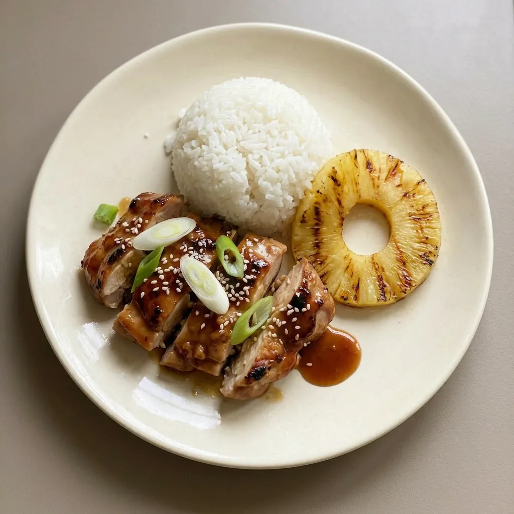 A serving of Hawaiian teriyaki chicken over white rice, topped with sesame seeds and scallions.