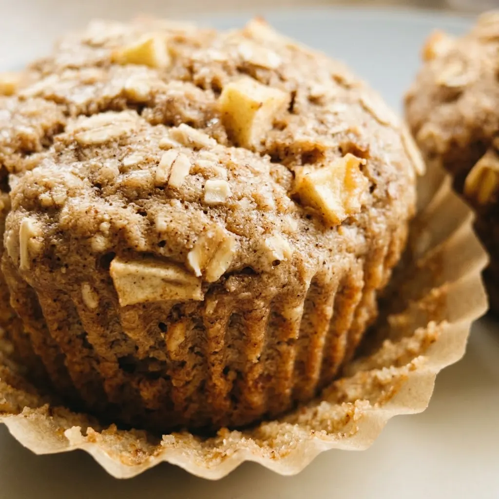 Zoomed in on a muffin's golden-brown dome, showing oats, apple pieces, and a drizzle of maple syrup.