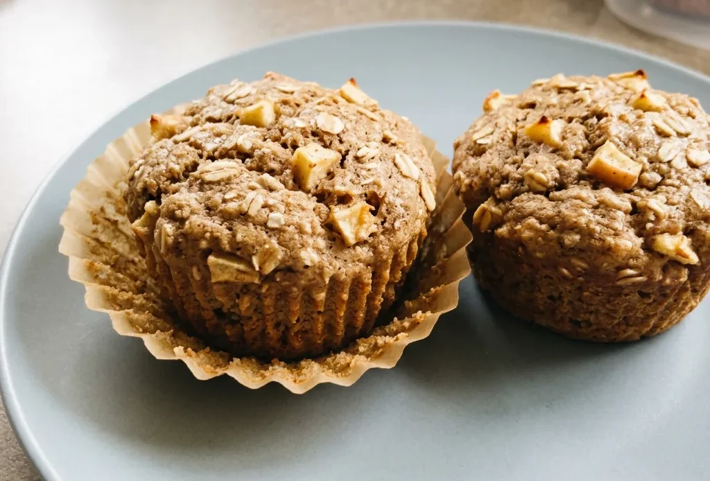 Bird's-eye view of three oat muffins with apple chunks and cinnamon swirls on top, arranged in a triangle.