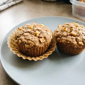 Bird's-eye view of three oat muffins with apple chunks and cinnamon swirls on top, arranged in a triangle.