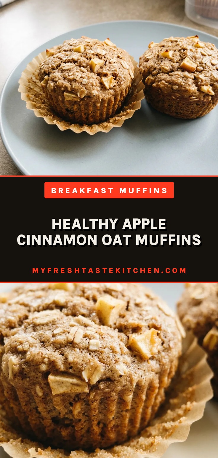 Bird's-eye view of three oat muffins with apple chunks and cinnamon swirls on top, arranged in a triangle.